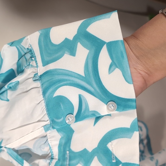 LUNE Allover Print Shirt Dress Size Large | Belted Tie Waist Midi | Day to Night - Picture 7 of 15